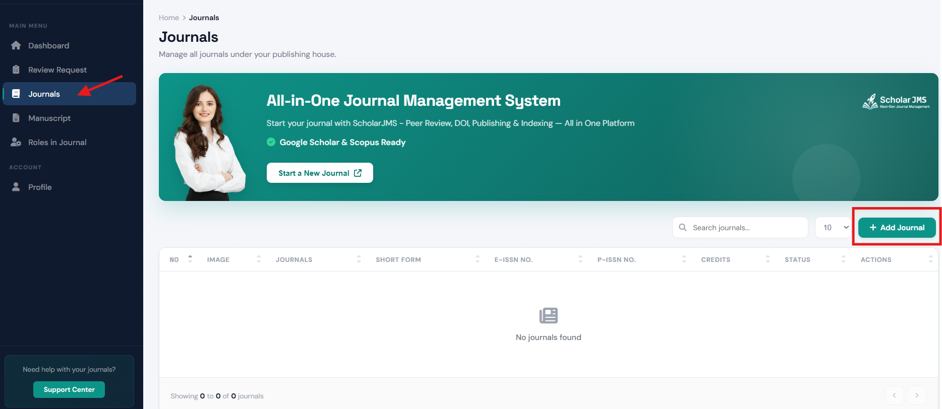 Click Add Journal Button