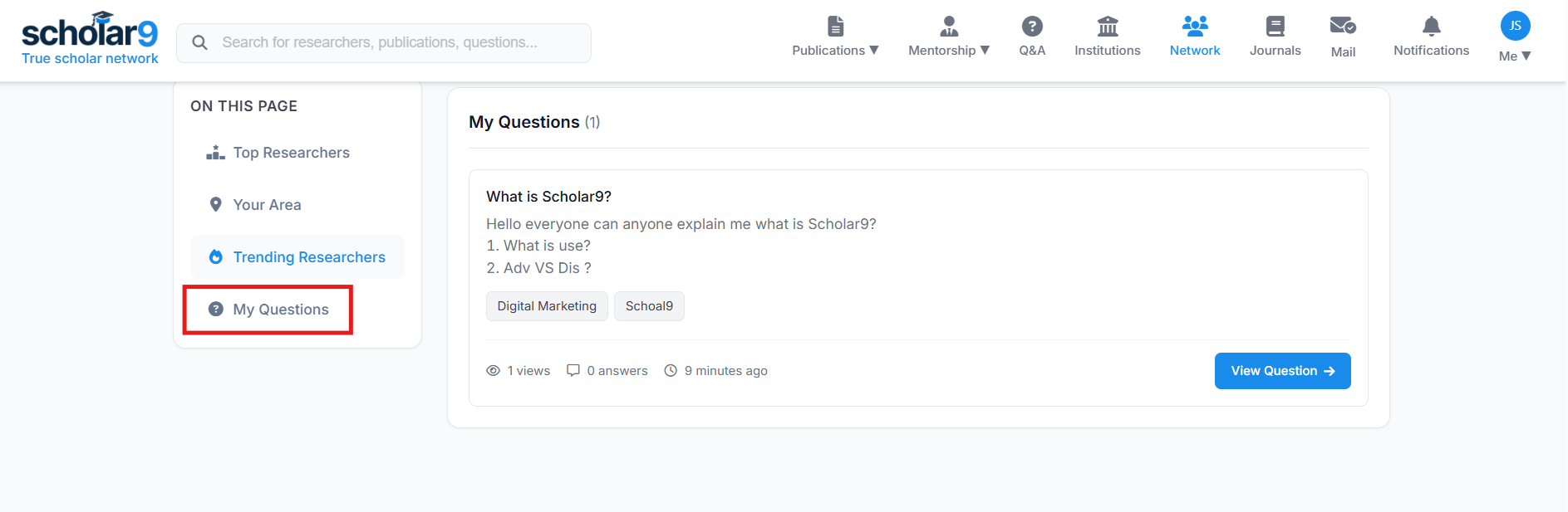 View Questions on Network Page